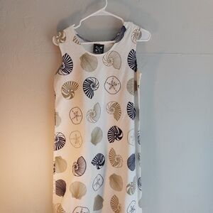 Michican Rag Company Sanddollar &Shell Print Shift Dress - Navy & Olive on Cream